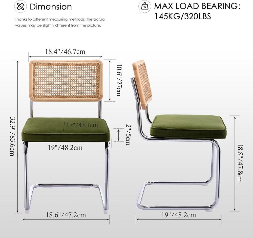 Zesthouse Natural Rattan Dining Chairs Set of 2, Olive Green Modern Kitchen Chairs with Solid Wood Back & Chrome Base