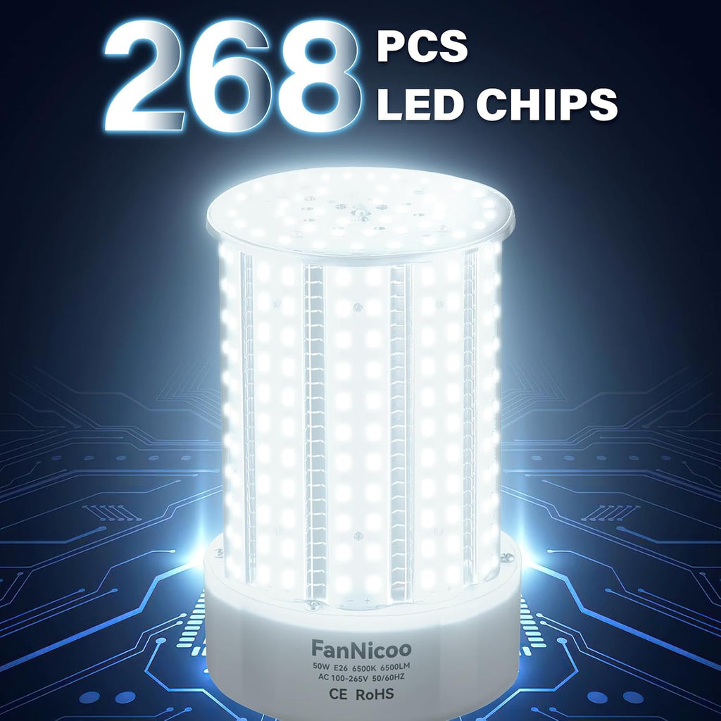 2 Pack 600W Equivalent Led Corn Bulb 6500 Lumen Super Bright E26/E39 Base LED Bulbs 6500K Daylight White 50W Corn
