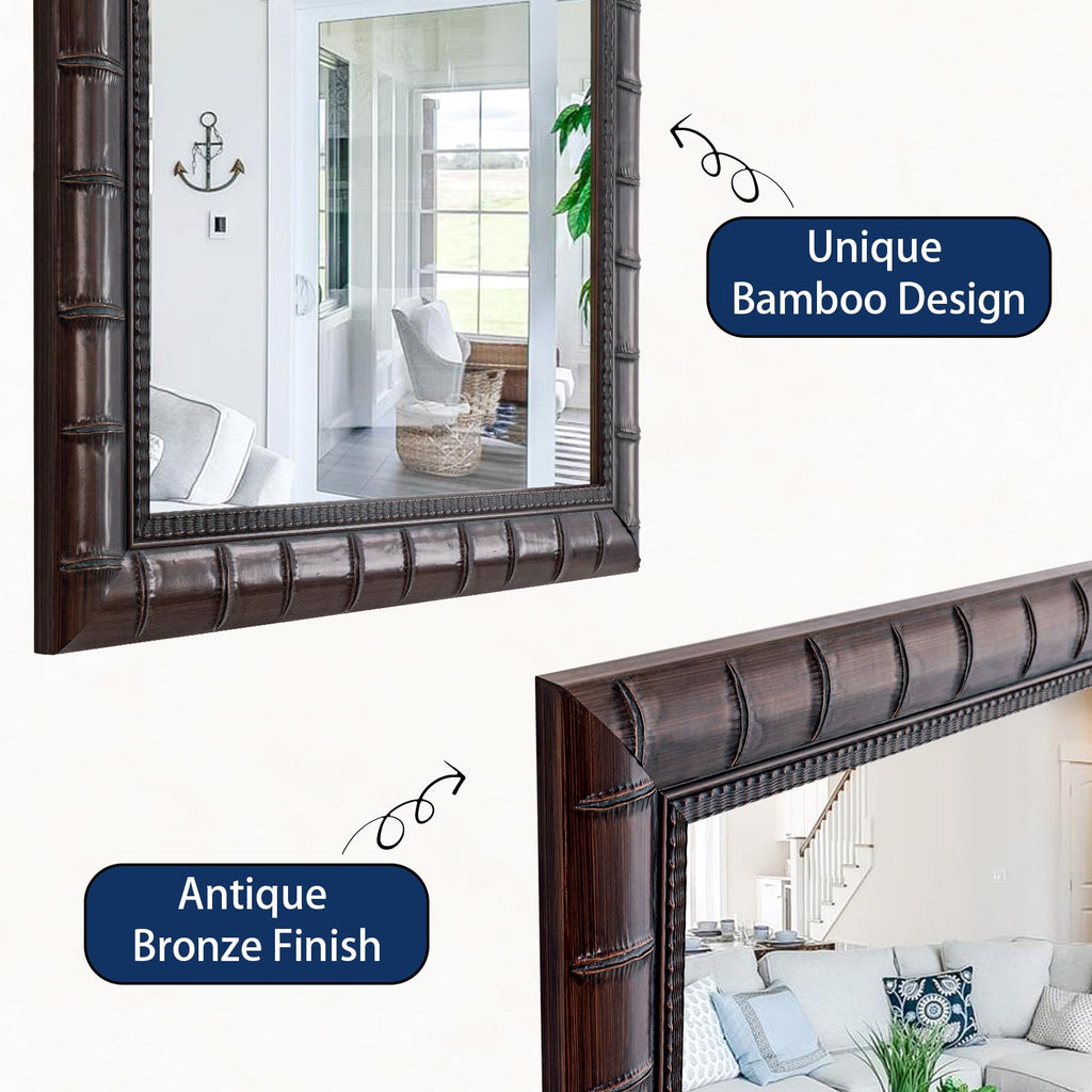 Vintage Bronze Mirror, 39'' x 27'' Solid Wood Mirror Frame with Bamboo-Joint Design, Decorative Wall Mirrors