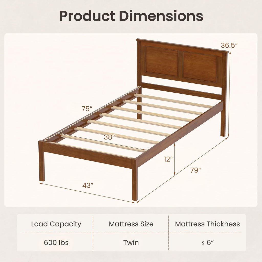 Twin Size Bed Frame with Solid Wood Legs and Wooden Slats