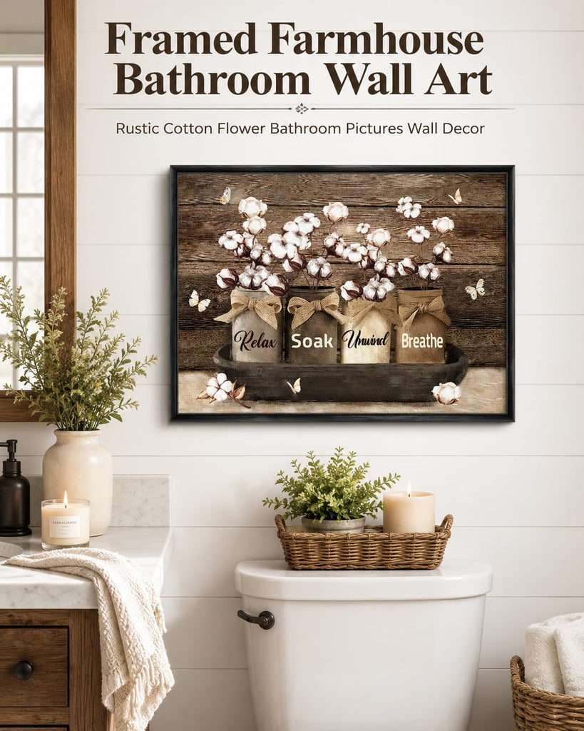 Framed Farmhouse Bathroom Wall Art Rustic Cotton Flower Bathroom Pictures Wall Decor Vintage Relax Soak Unwind