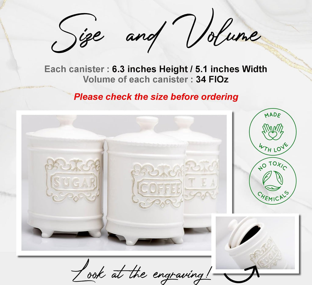 3-Piece Ceramic Canister Set, 35 Oz Each, 6.5-Inch, Airtight Lids - Set of 3