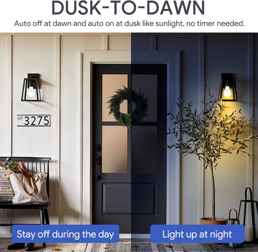 A19 Dusk to Dawn Sensor LED Light Bulbs Outdoor, Warm White 3000K, Energy Efficient 9W(60 Watt Equivalent), E26
