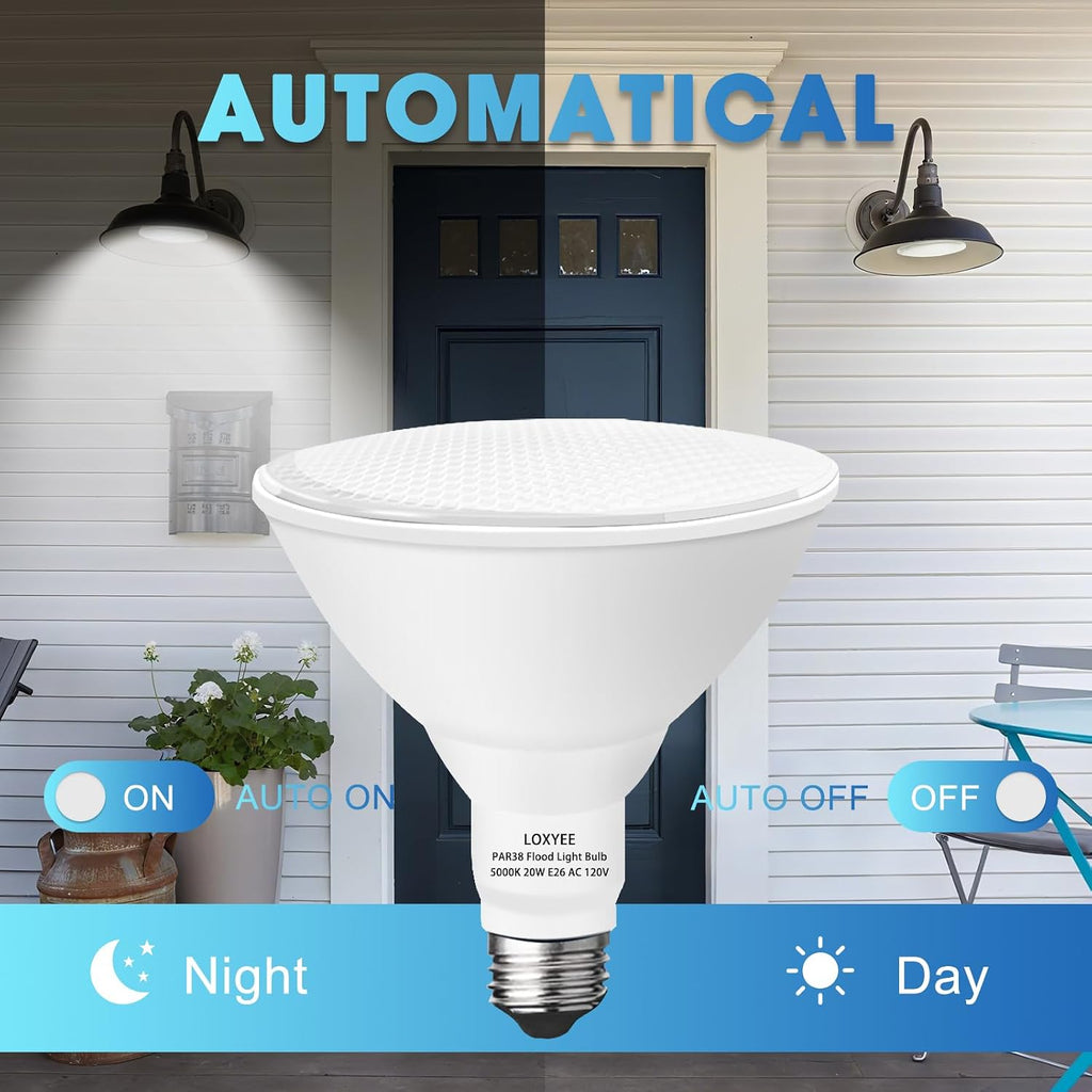 2 Pack LED PAR38 Dusk to Dawn Flood Light Bulbs Outdoor,20W(200W Equivalent) E26 Base Flood Light Bulbs,5000K