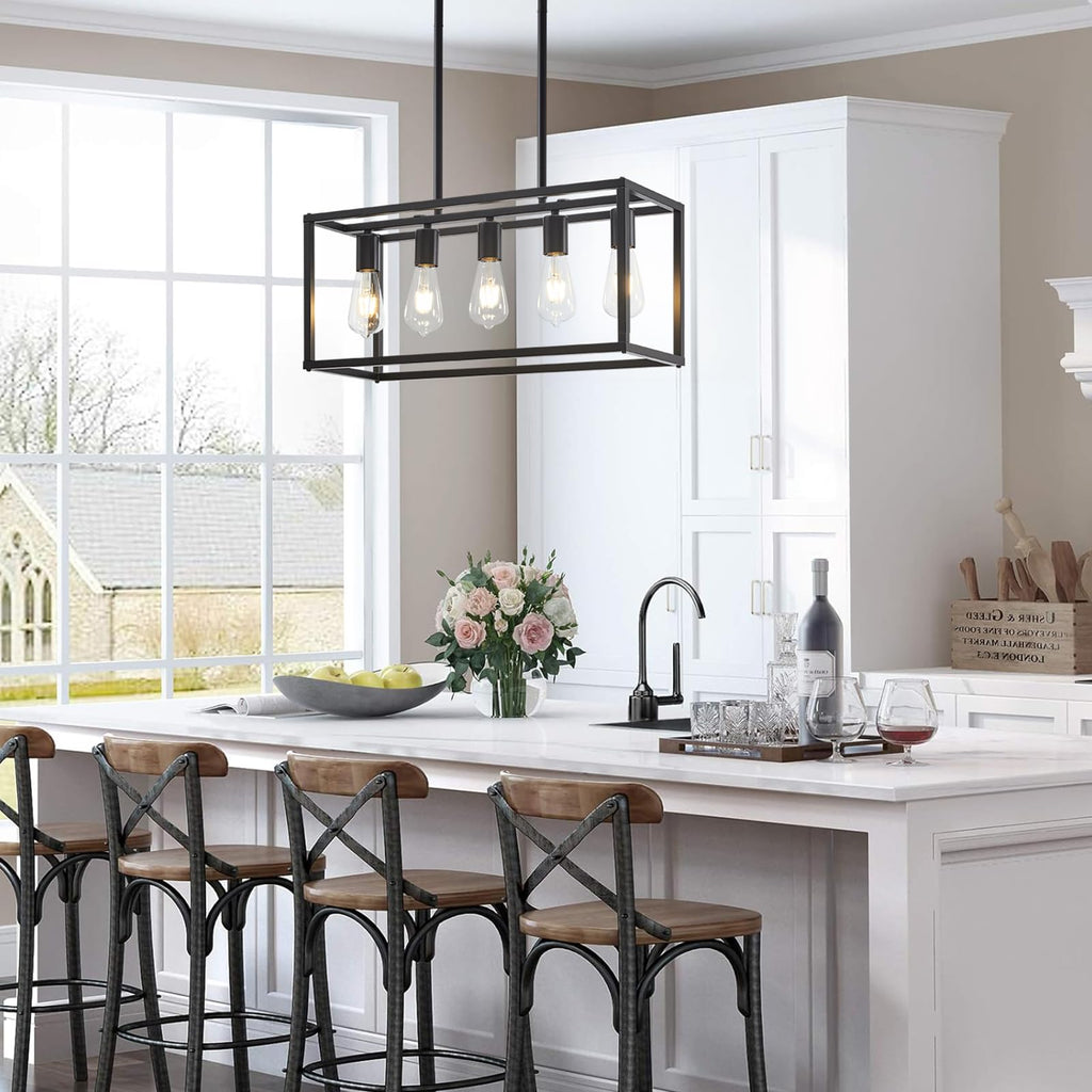 5-Light Kitchen Light Fixtures Black Farmhouse Chandelier Rectangular Dining Room Light Fixture Linear Pendant