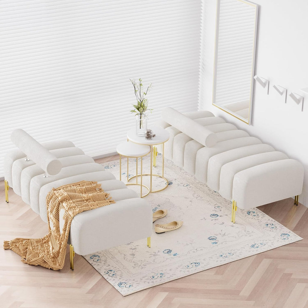 52.2" Velvet Upholstered Bench Ottoman with Adjustable Backrest,Beige White | Modern Channel Tufted End of Bed Bench