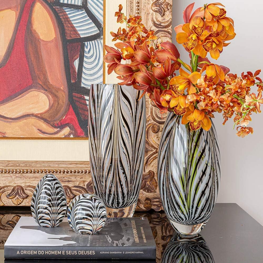 Murano Style Glass Vase Hand Blown Black and White Feather Pattern Effect | Hand Blown Glass Vase, Decorative Table
