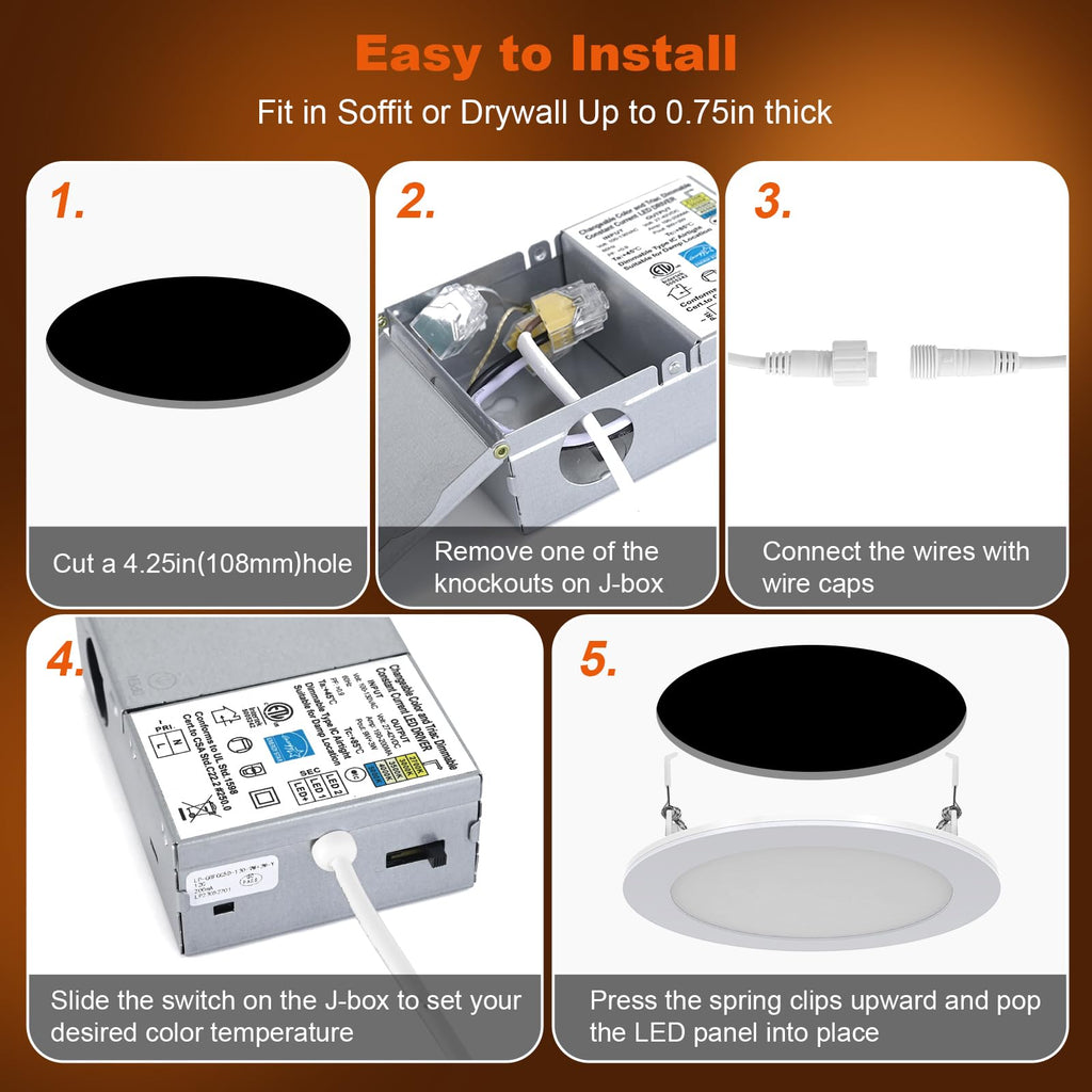 Canless LED Recessed Lighting 4 Inch 6 Pack 5CCT Ultra-Thin Downlight Lights with Night Light Mode,9W 800LM Dimmable