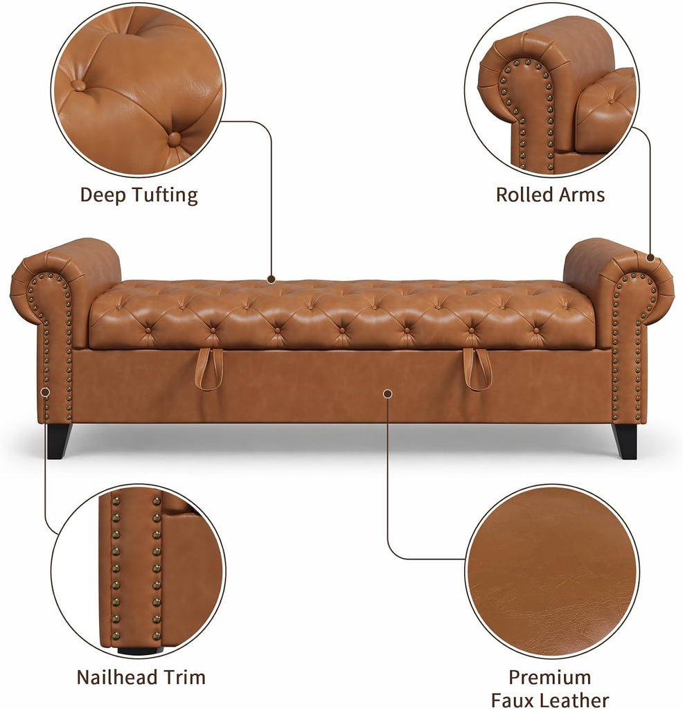 67 Inch Faux Leather Storage Bench with Rolled Arms, Chesterfield Tufted Ottoman Bench with Nailhead Trim