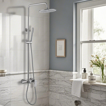 Exposed Shower System with Tub Spout, Brushed Nickel Exposed Pipe Shower Faucet with 3 Functions Brass Shower Valve