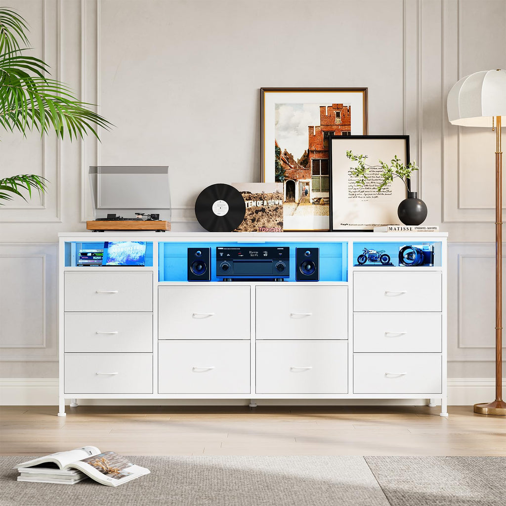 Dresser with LED Lights & Power Outlets, 63 Inch TV Stand Dressers with 10 Fabric Drawers, Entertainment Center with