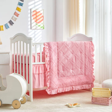Tufted Ruffle Crib Bedding Set 3 Pieces Baby Boho Quilted Comforter with Fitted Sheet and Bed Skirt - Cute Ruffled