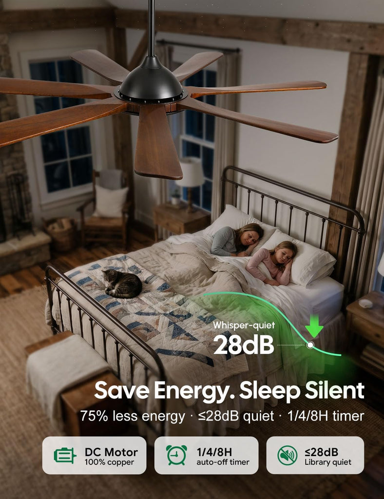 60 inch Smart Wood Ceiling Fan with Light, Remote/Alexa/App Control, Farmhouse Rustic Style, 7 Solid Walnut Blades
