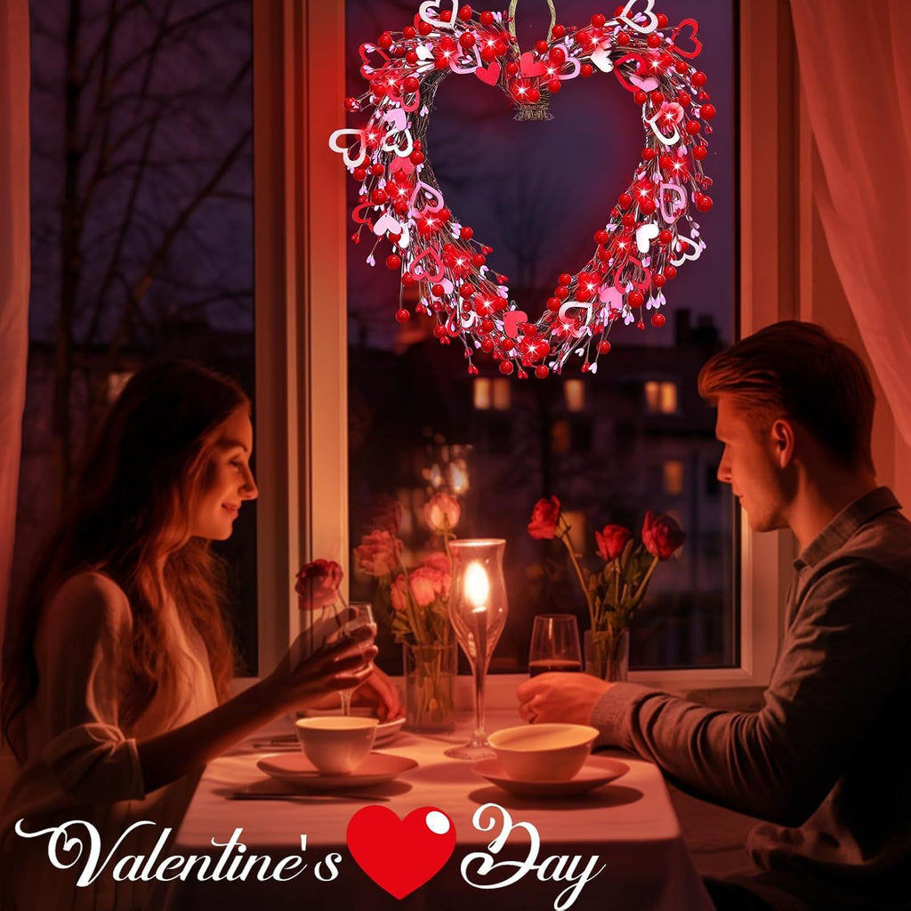 Valentine's Day Wreath Decoration with 20 Red LED Lights Timer Wood Hearts, Battery Operated 16 Inch Valentines Door