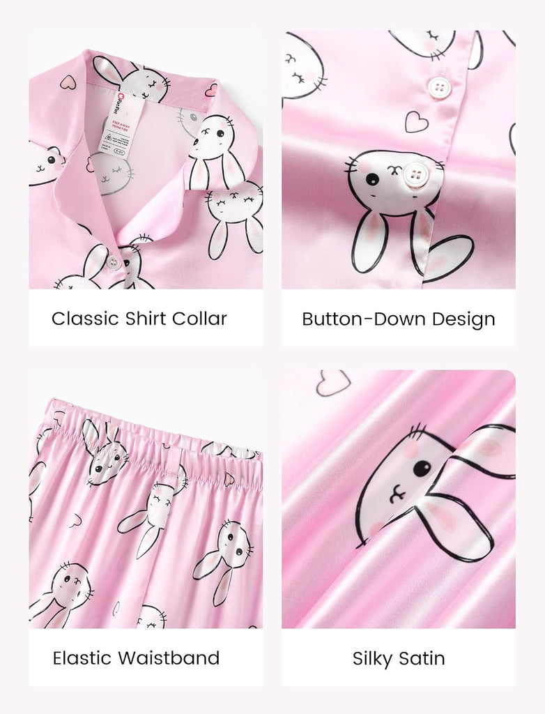 Girls Satin Silk Pajama Set Button-down Shirts & Pants Sleepwear Pjs