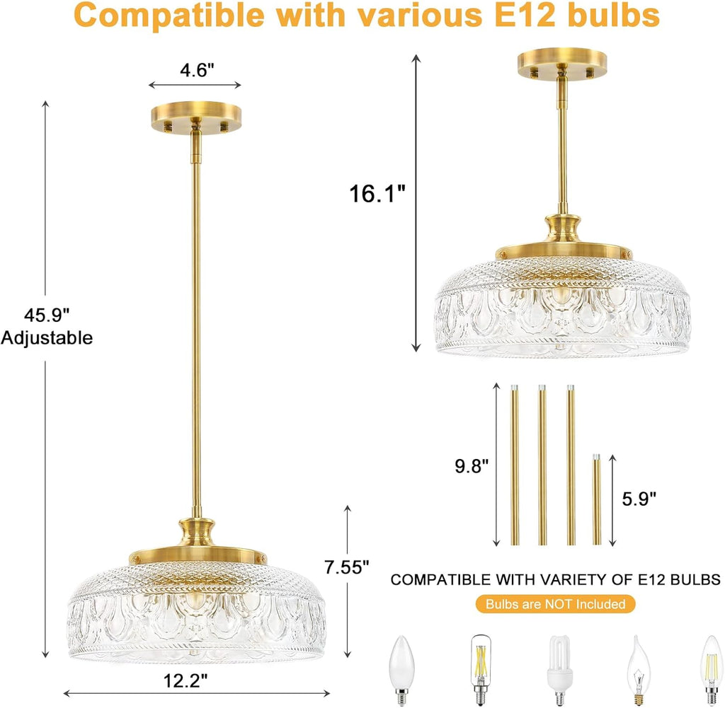 3-Light Adjustable Pendant Lights Kitchen Island, 12in Brushed Gold Modern Clear Glass Ceiling Mount Hanging Lighting
