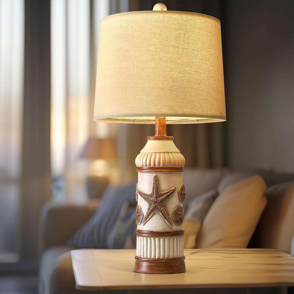 24" Table Lamp, Boho Table Lamp, Bedside Nightstand Lamp, Coastal Nautical Lamp with Starfish Conch Pattern for