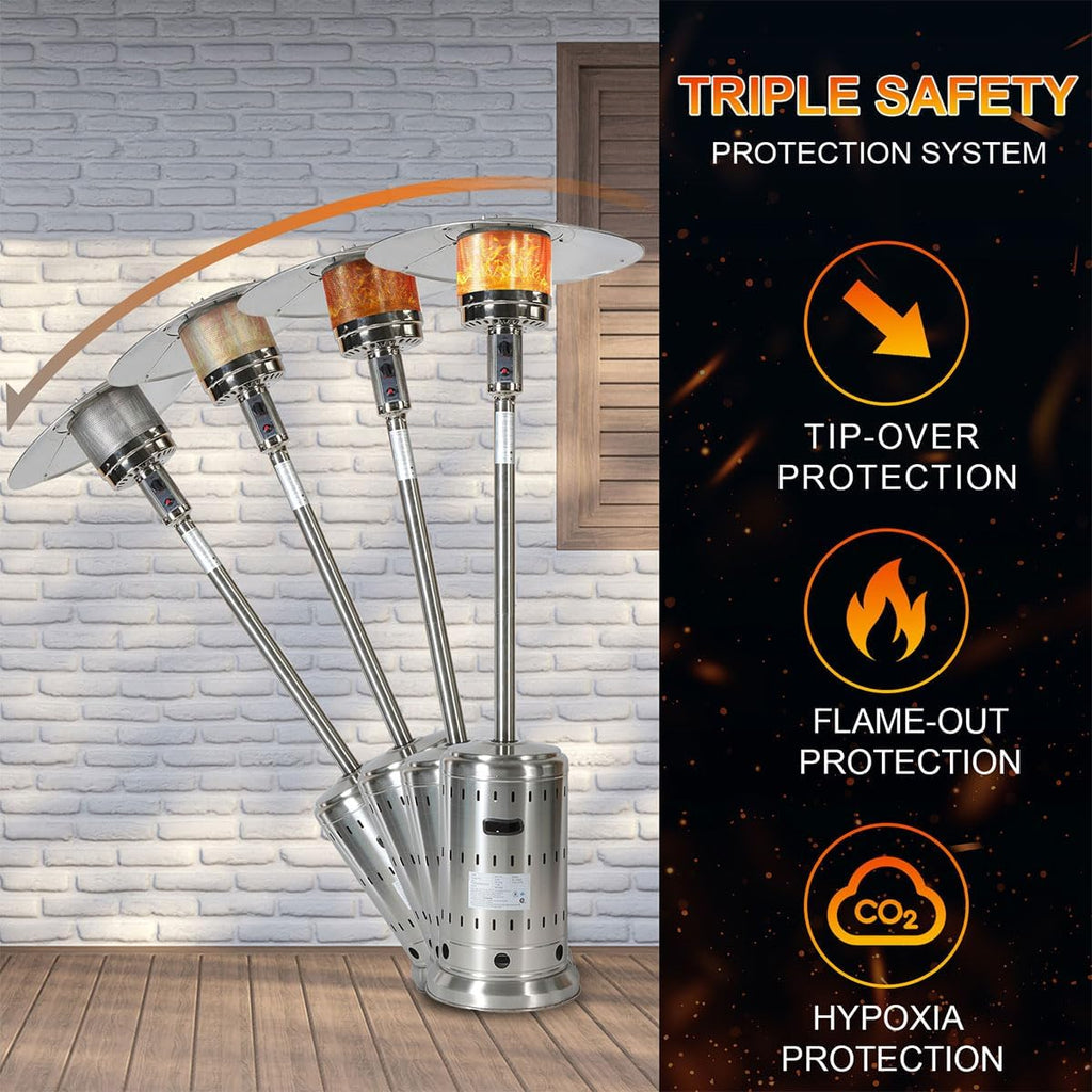 48,000 BTU Outdoor Patio Heater, Stainless Steel Propane Heater with Wheels & Safety Shut-Off, Commercial &