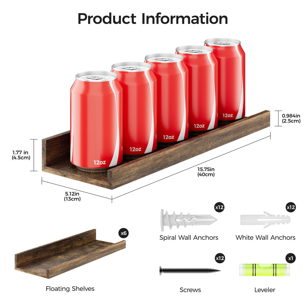 Floating Shelves for Wall Decor and Storage, Brown, 6Pcs 15.7''
