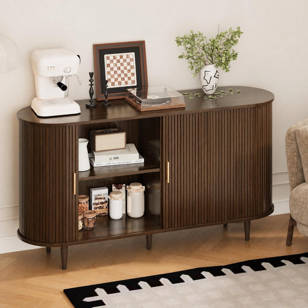Sideboard Buffet Cabinet with Storage, Mid Century Modern Fluted Accent Coffee Bar Console Table, Tambour Sliding
