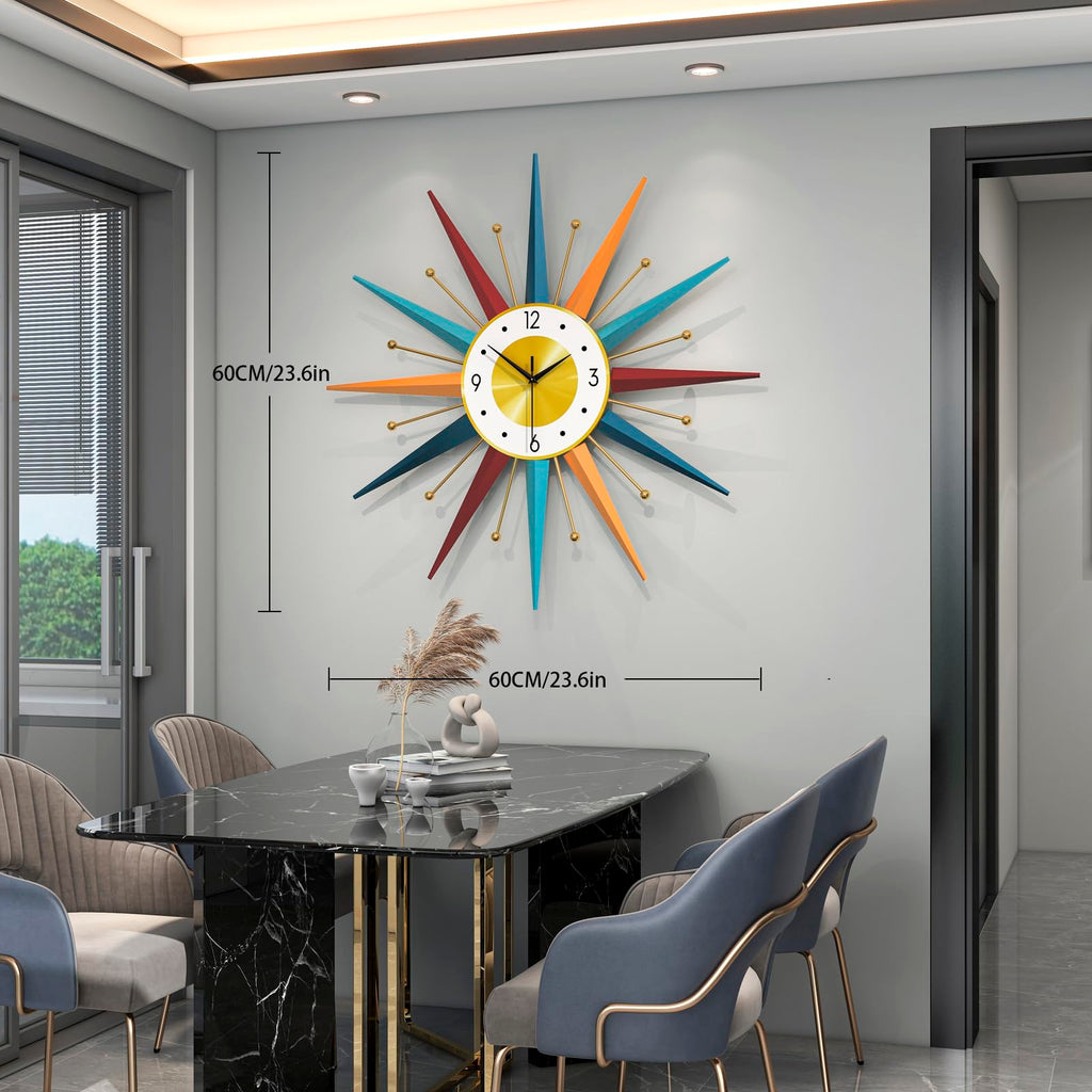 Large Starburst Wall Clock Decor 24 Inch Metal Decorative Mid Century Wall Clcok Big Modern Silent Quality Quartz