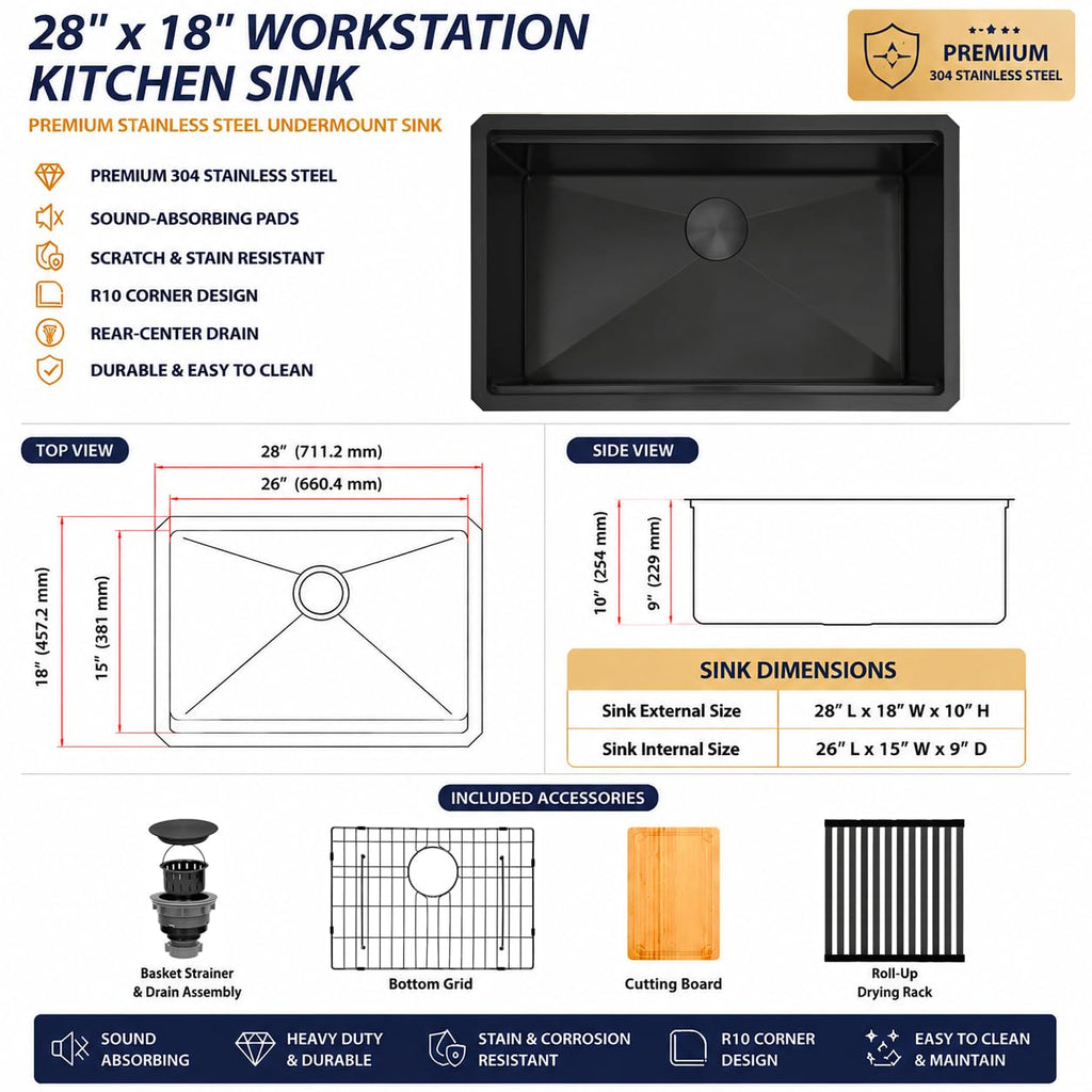 28 Inch Black Undermount, 16 Gauge Workstation Sink