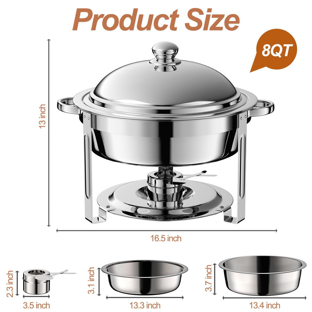 2 Pack 8QT Round Chafing Dish for Buffet Set with Lids, Silver