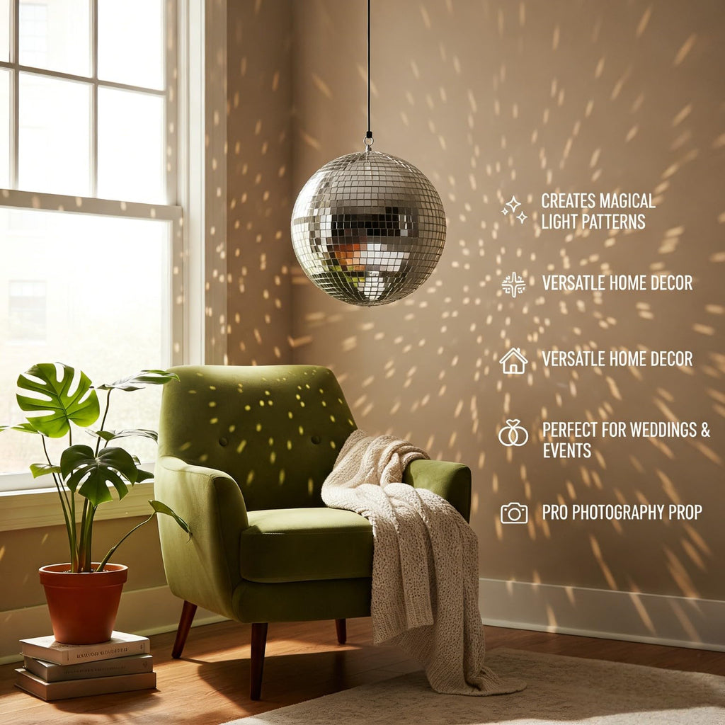 12 Inch Disco Ball - Large Silver Mirror Ball for Party Decorations, Retro 70s Disco Theme Decor, Reflective Hanging