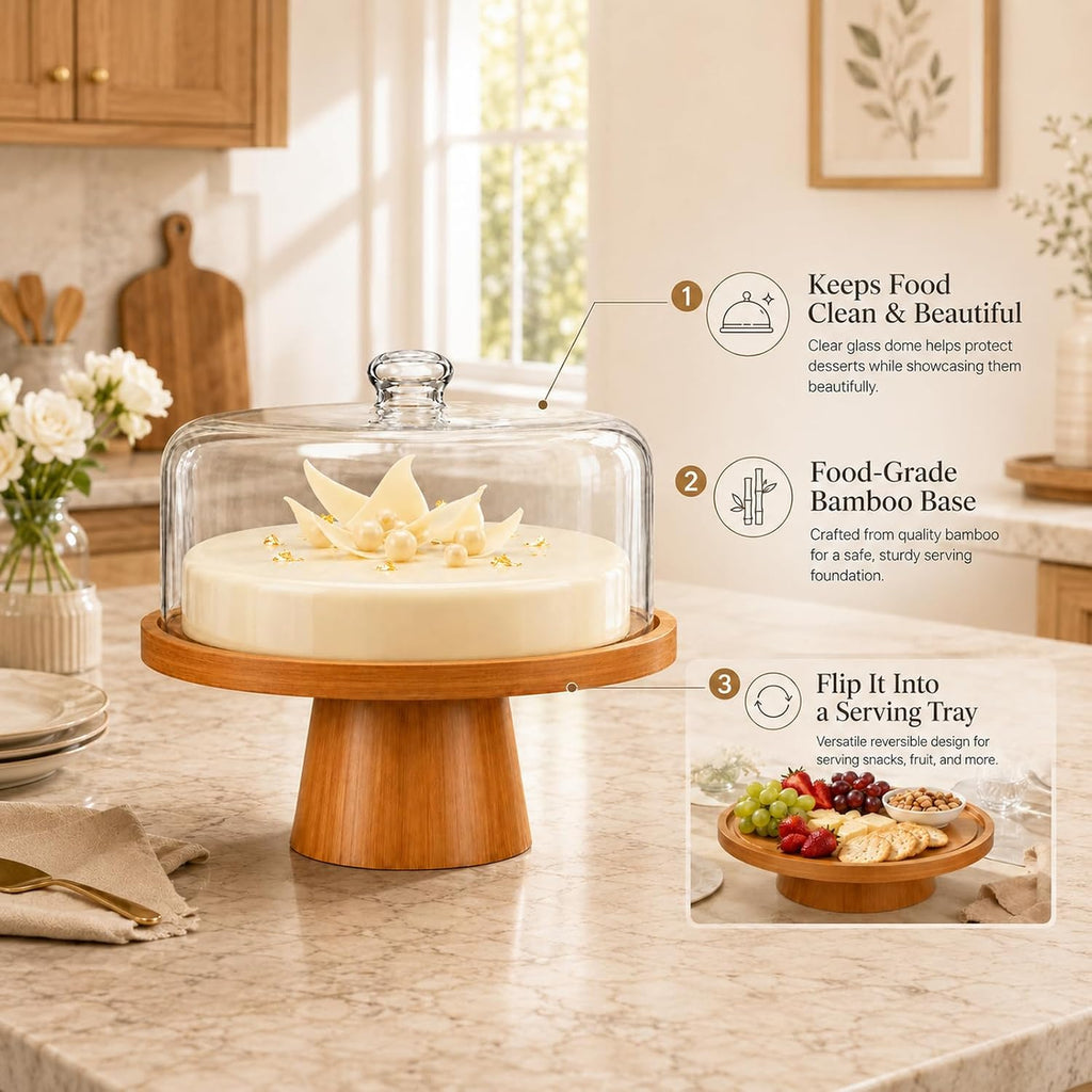 Cake Stand with Glass Lid, 11" Magnetic Bamboo Base for Parties & Kitchen