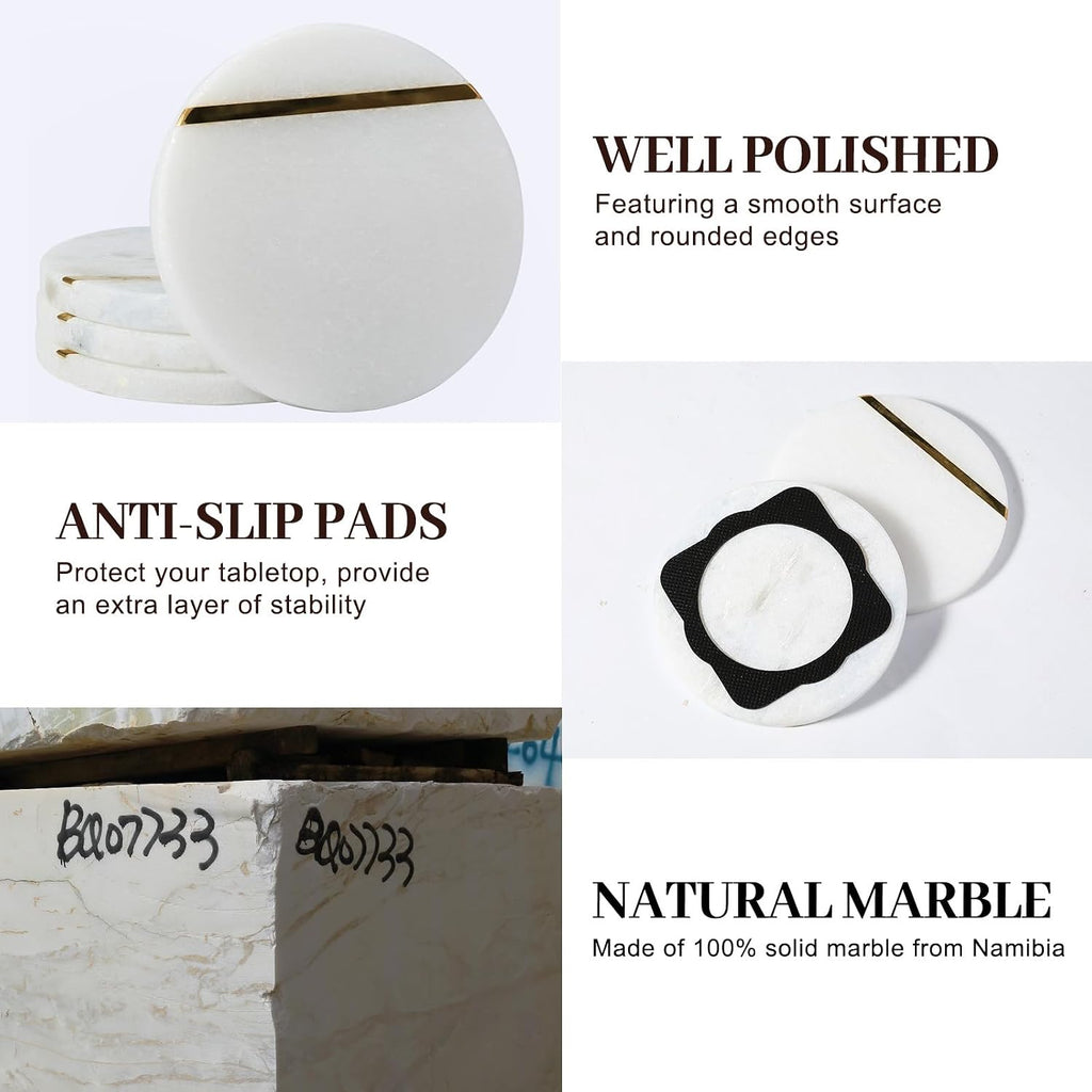 Marble Coaster, Round Coasters, 4" Stone Coaster for Drinks Coffee, White Marble with Gold Brass Coasters - Set of 4