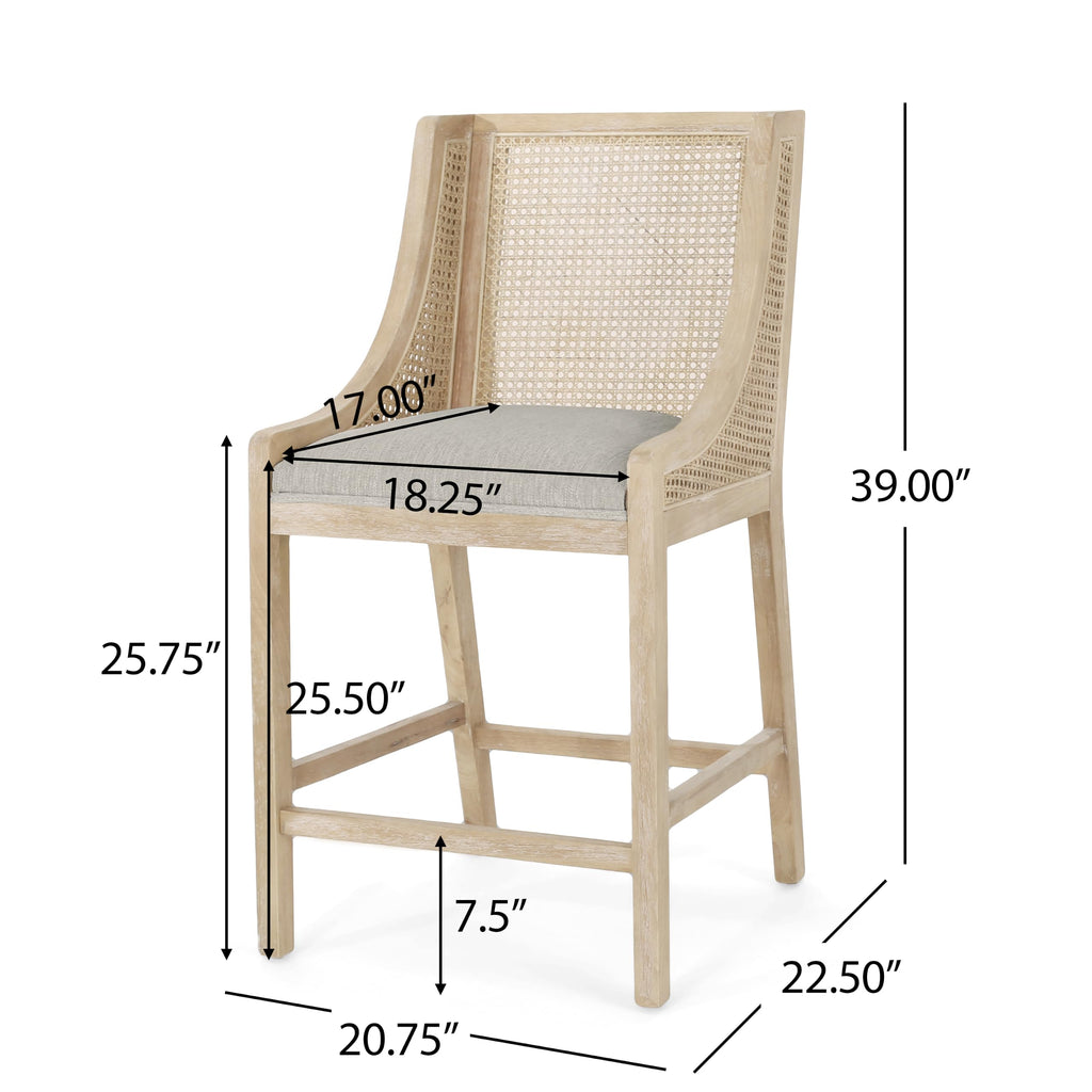 25.5" Fabric Upholstered Wood and Cane Counter Stools with Backrest, Set of 2, French Country Barstools