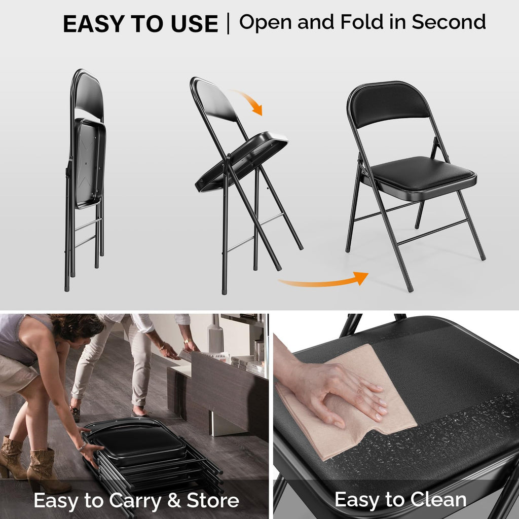 10 Pack Folding Chairs with Padded Seats, Metal Frame with Pu Leather Seat & Back, Capacity 350 lbs, Black