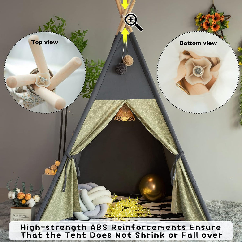 Teepee Tent for Kids Stripe Padded Mat Foldable Dark Tone Grey Play Tents for Girl and Boy with Carry Case Wooden