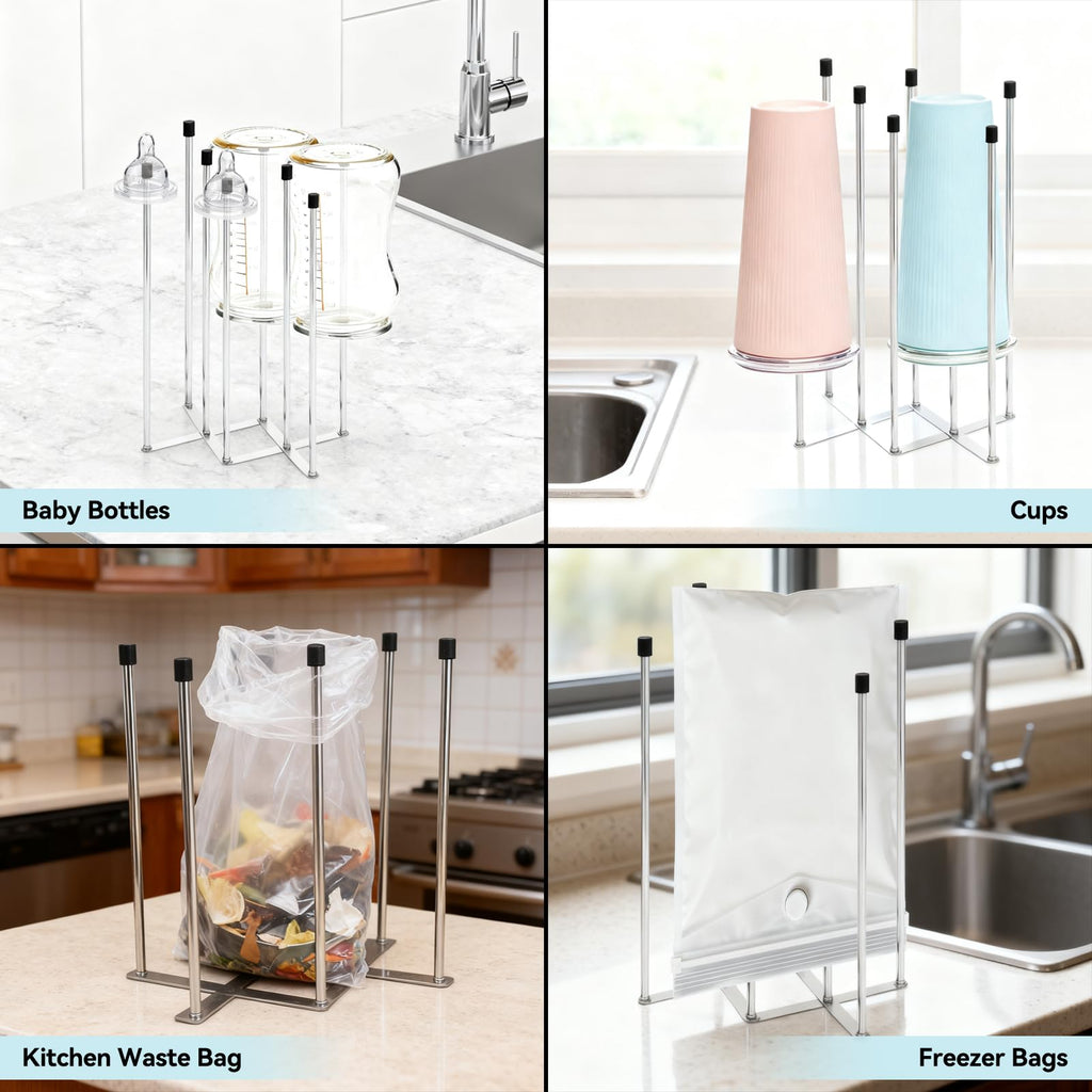 Foldable Baby Bottle Drying Rack, 8-Pole Stainless Steel Collapsible Dryer for Bottles, Cups and Reusable Bags