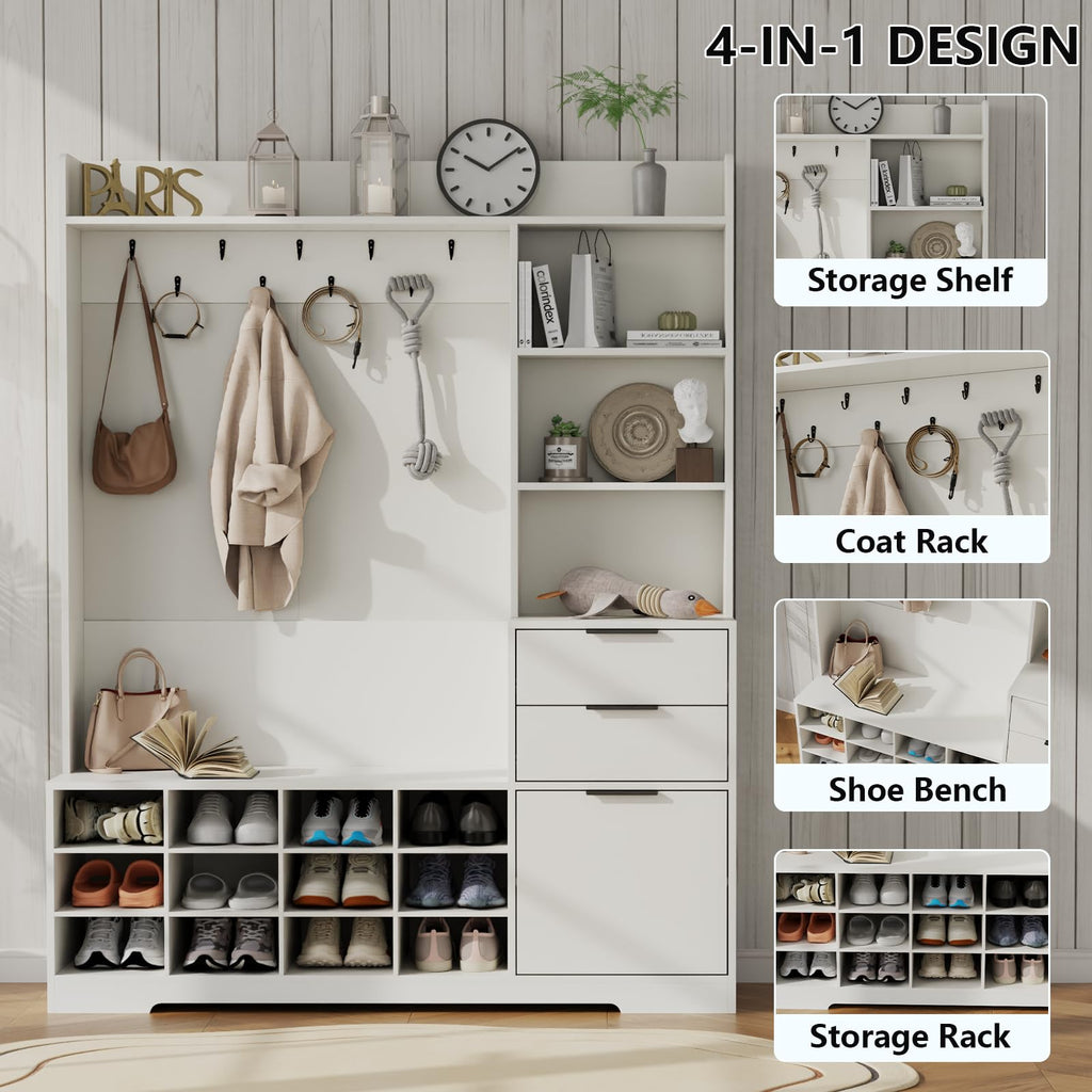5-1 Hall Tree with Bench & Shoe Cubby, Farmhouse Entryway Mudroom Coat Rack