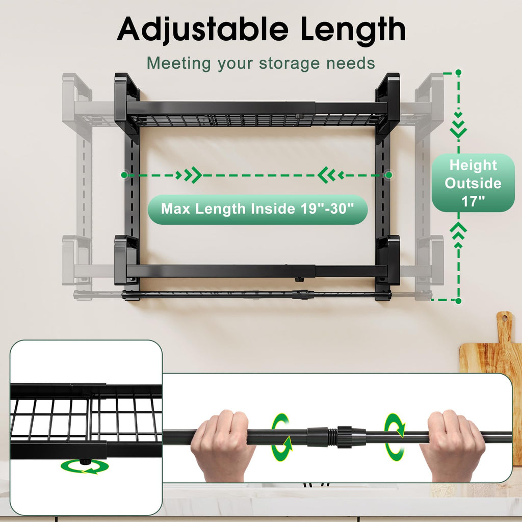 19"- 30" Expandable Hanging Pot Rack, 2 Tier Heavy Duty Wall Mounted Pots and Pans Organizer with 10 Hooks and 5 Pot