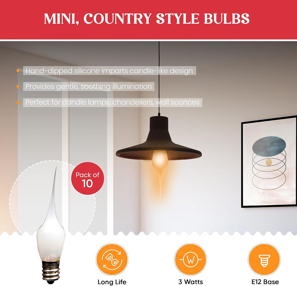 Mini Country Style Silicone Dipped Candle Light Bulbs, 3 Watt -Pack of 10 Bulbs