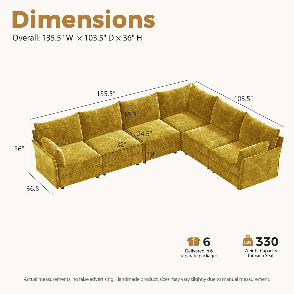 135.5" Oversized Modular Sectional Couch, L Shaped Convertible Sofa, Large 6 Seat Corner Couches Deep Seat Yellow