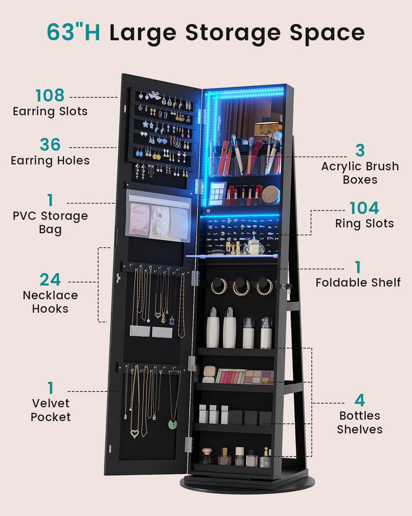 360° Swivel Mirror Jewelry Cabinet, Lockable Jewelry Armoire, Black
