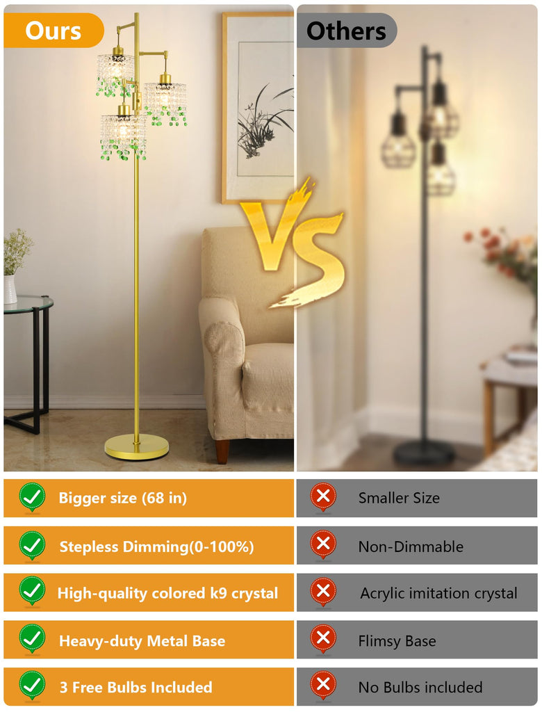 64" Crystal Floor Lamp with 3 Lights, Elegant Crystal Floor Lamp, Modern Standing Lamp, Gold Metal Base, K9 Crystal