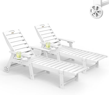 Chaise Lounge Outdoor Set of 2, Lounge Chair Outdoor with Wood Texture, Adjustable 5-Position Backrest, HDPE Lounge