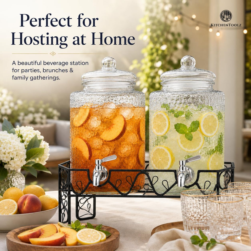 Dual 2.5 Gallon Set with Stainless Steel Spigots, Metal Stand & 2 Drip Trays - Hammered Mason Jar Style Drink