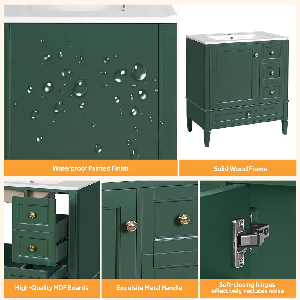 30" Bathroom Vanity with Sink, Modern Bathroom Storage Cabinet with 3 Drawers & 1 Door, Freestanding Bathroom Vanities