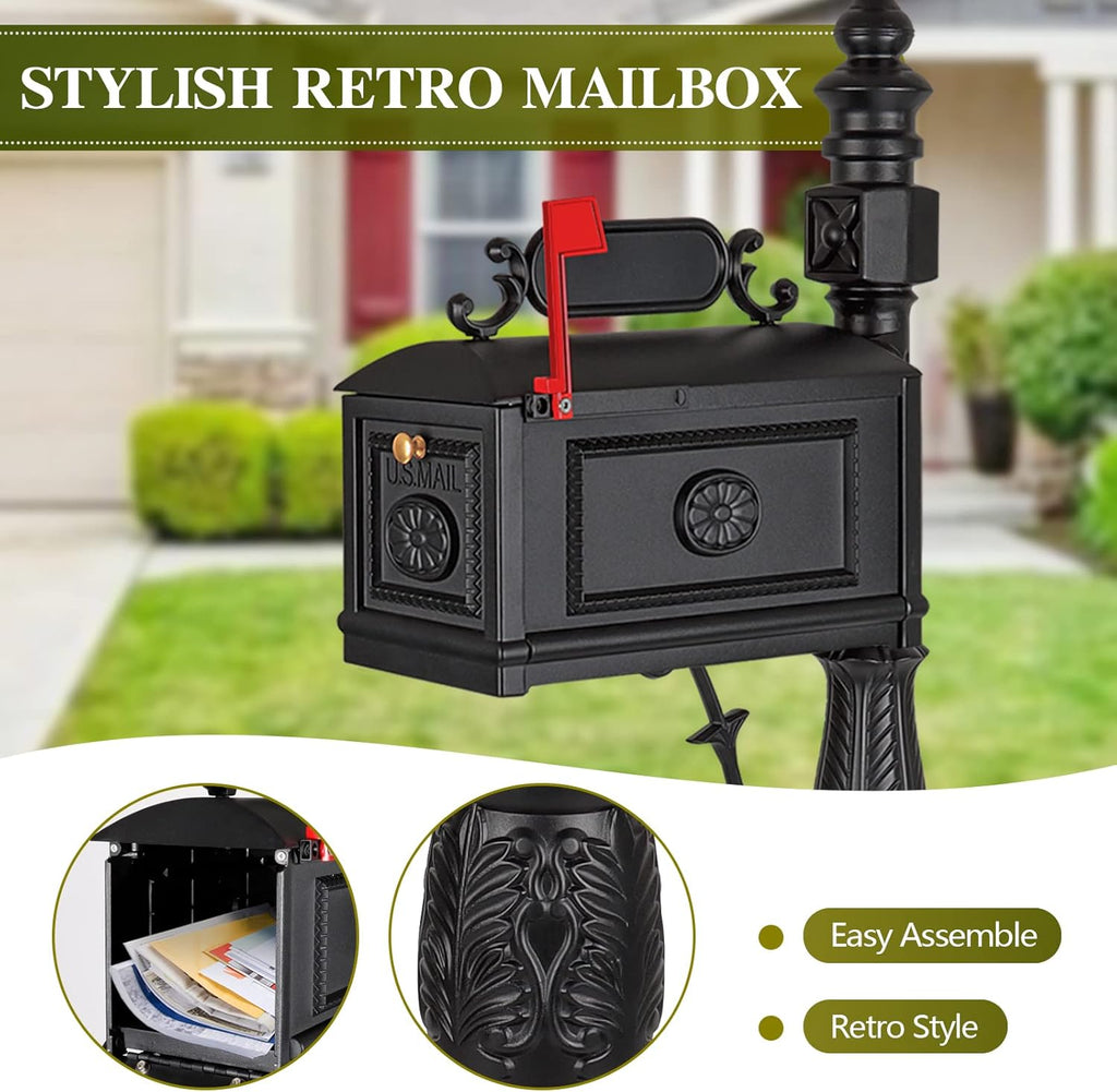 Barcelona Decorative Post Mailbox Combination Stratford Heavy Duty Postal Mail Box Cast Aluminum(Black)