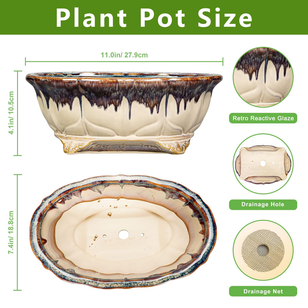 Ceramic Bonsai Tree Pots - 11 Inch Succulent Pots with Drainage Hole, Decorative Bonsai Pot for Indoor Outdoor