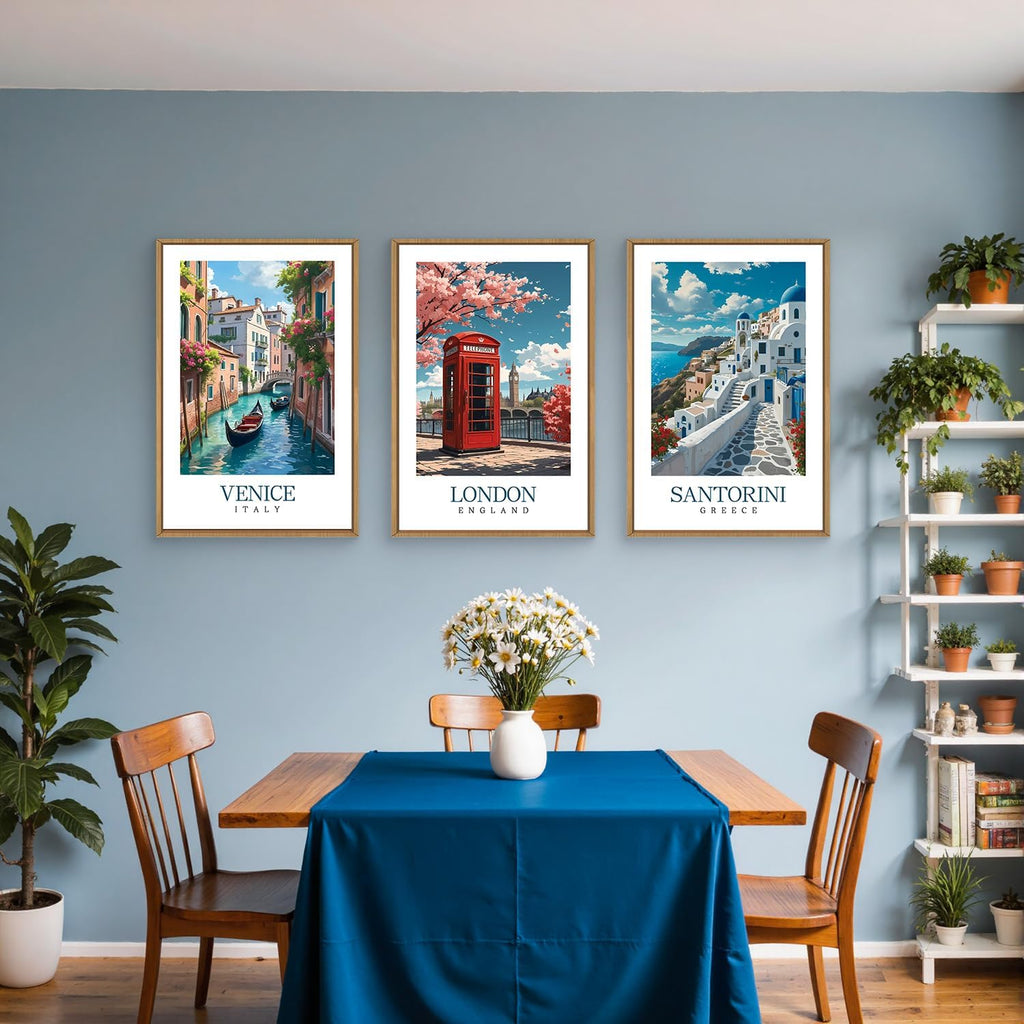 Italy Coast Wall Art Framed, Blue Europe Cityscape Italian Wall Decor set of 3 , Venice London Santorini