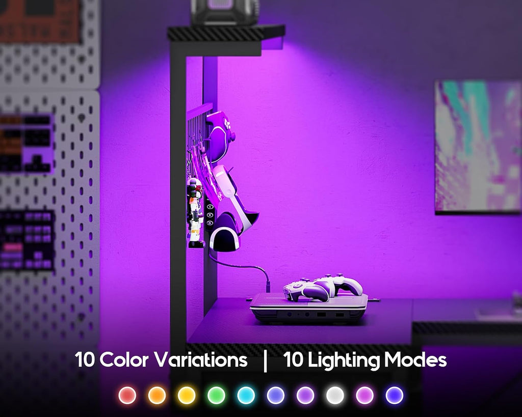 43" L Shaped Gaming Desk with Shelf & 4 Drawers, Black Carbon Fiber | Compact corner computer table. Reversible study