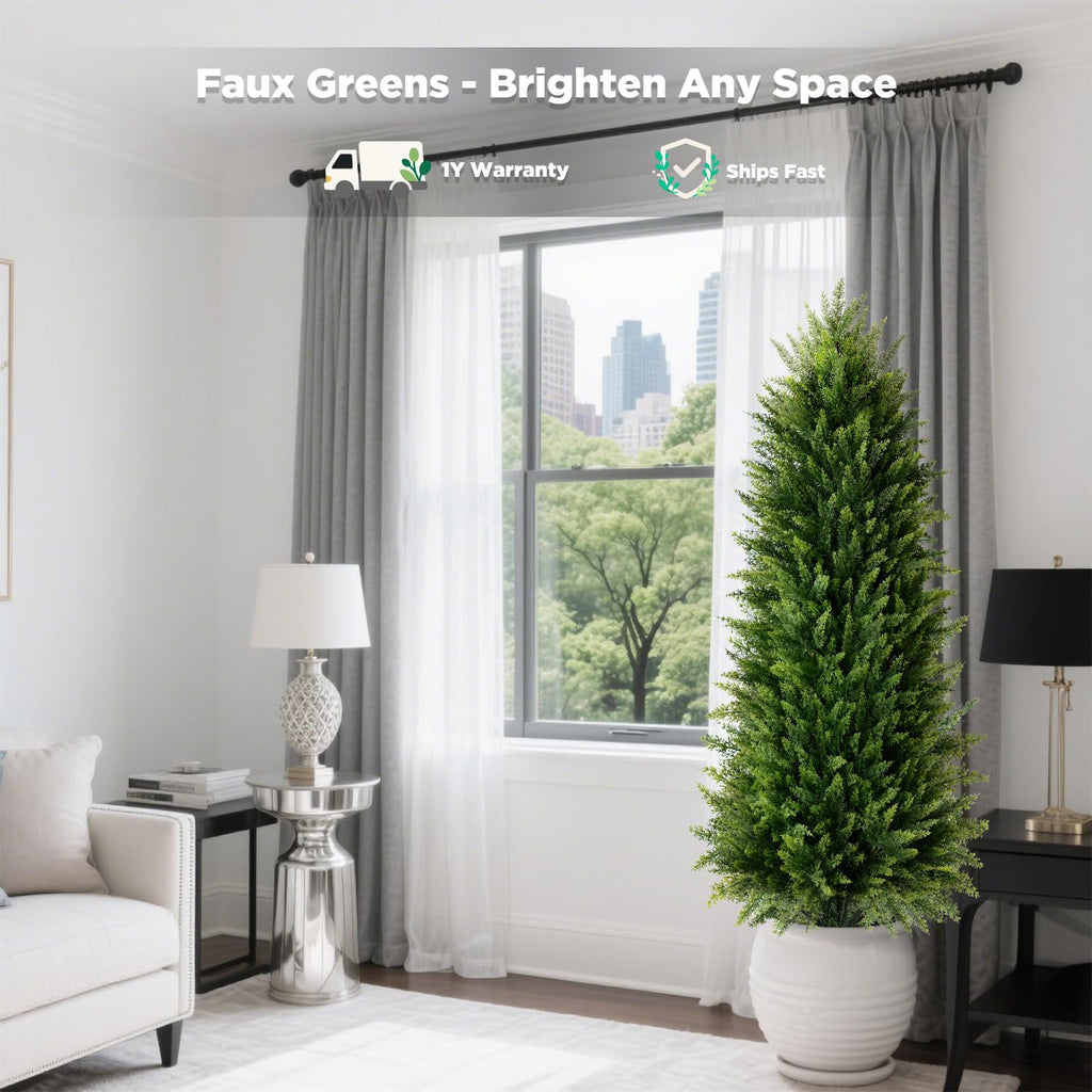 5FT Artificial Cedar Topiary Trees (2 Pack) - UV Resistant Fake Evergreen Shrubs with Extra Dense Foliage, Odorless