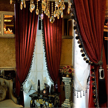 Luxury Velvet Curtains with Tassel Trim, Vintage Bohemian Style, Blackout Drapes with Decorative Tiebacks (Burgundy