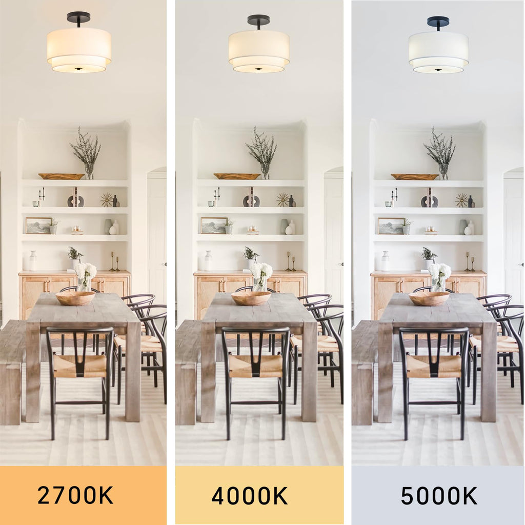 3-Light Semi Flush Mount Ceiling Light Fixture, 12.6inch Modern Close to Ceiling Light with 2-Layer White Drum Fabric